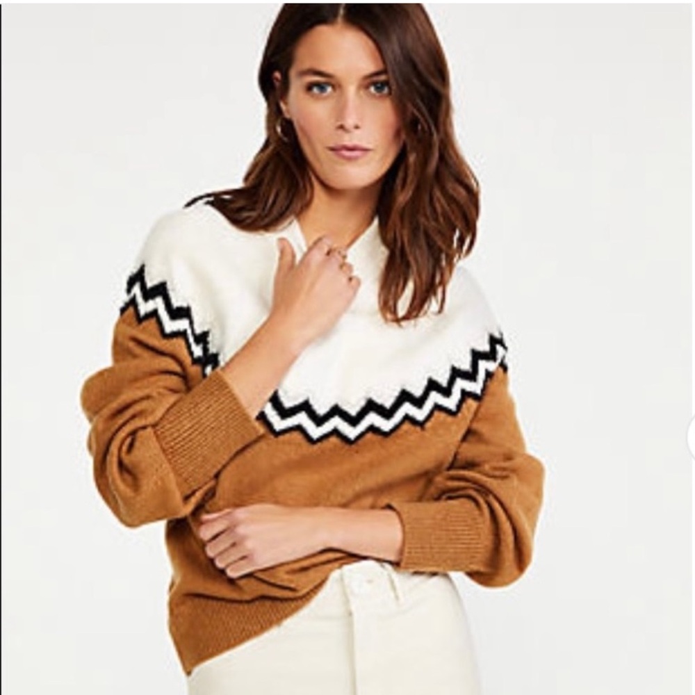 Ann Taylor Chevron Fair Isle Knit Sweater - White and Tan Color Block, Sz S